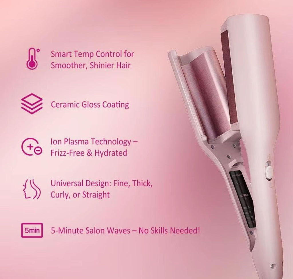 Big French Wave Hair Curler 32mm V-Shaped Waver Iron with 4 Heat Settings – Pink