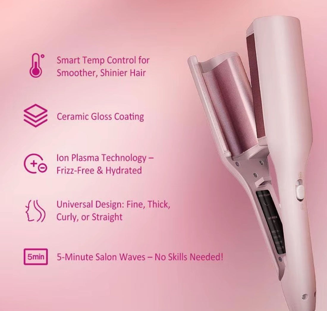 Big French Wave Hair Curler 32mm V-Shaped Waver Iron with 4 Heat Settings – Pink