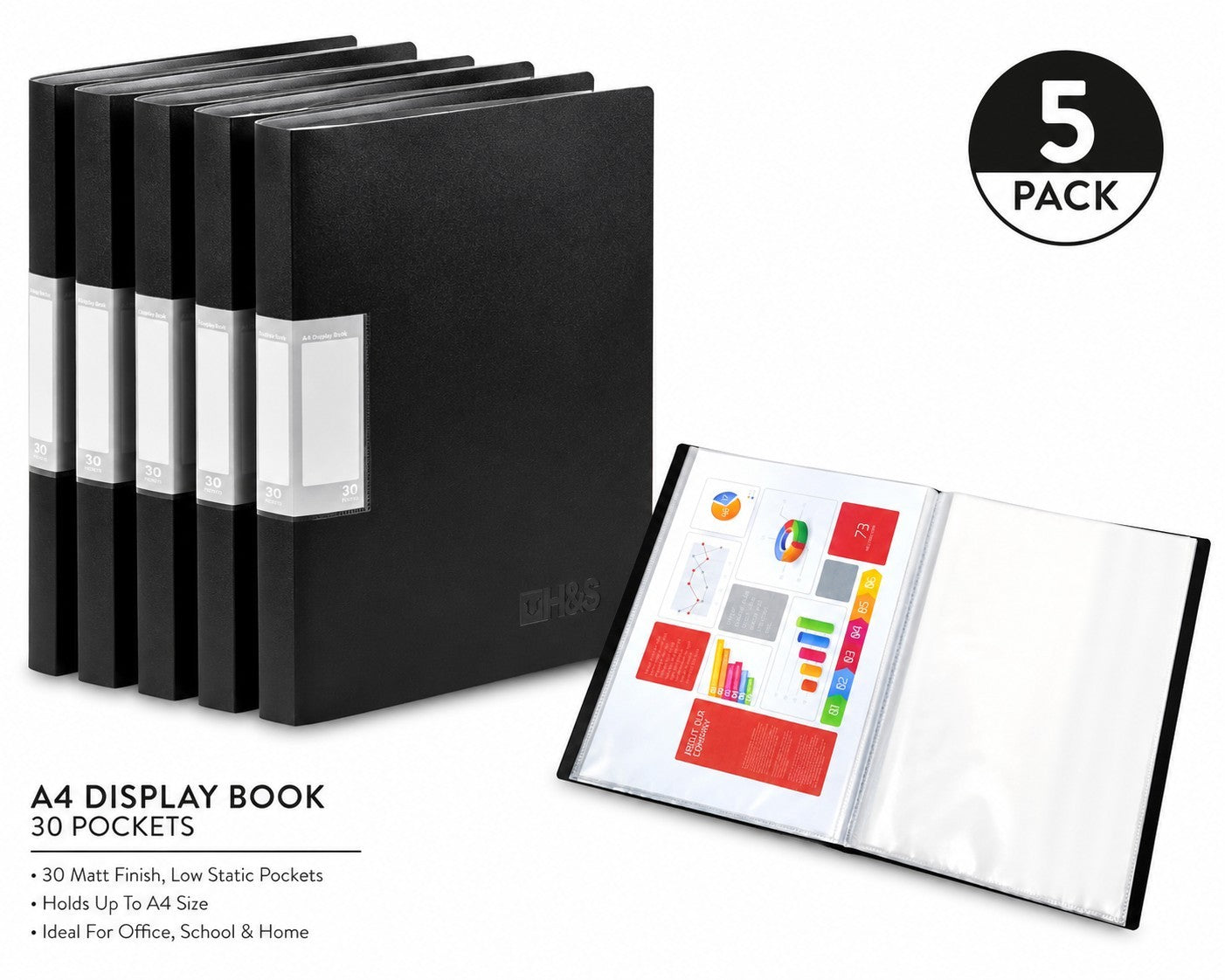 Pack Of 5 x 30 Pocket A4 Display Book Size A4 Presentation Folder In BLACK