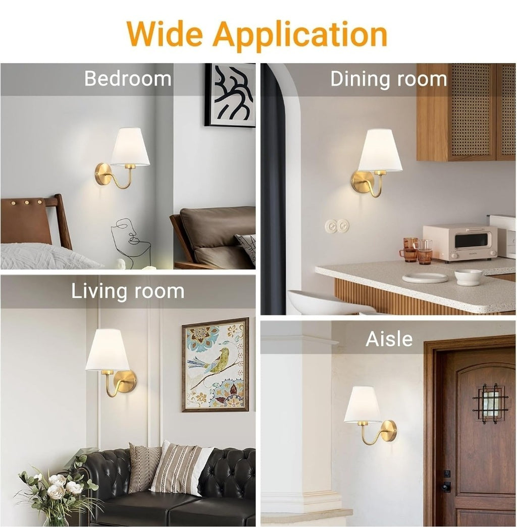 Antique Brass Classic Gold Wall Sconce with White Fabric Shade Modern E27 Light 