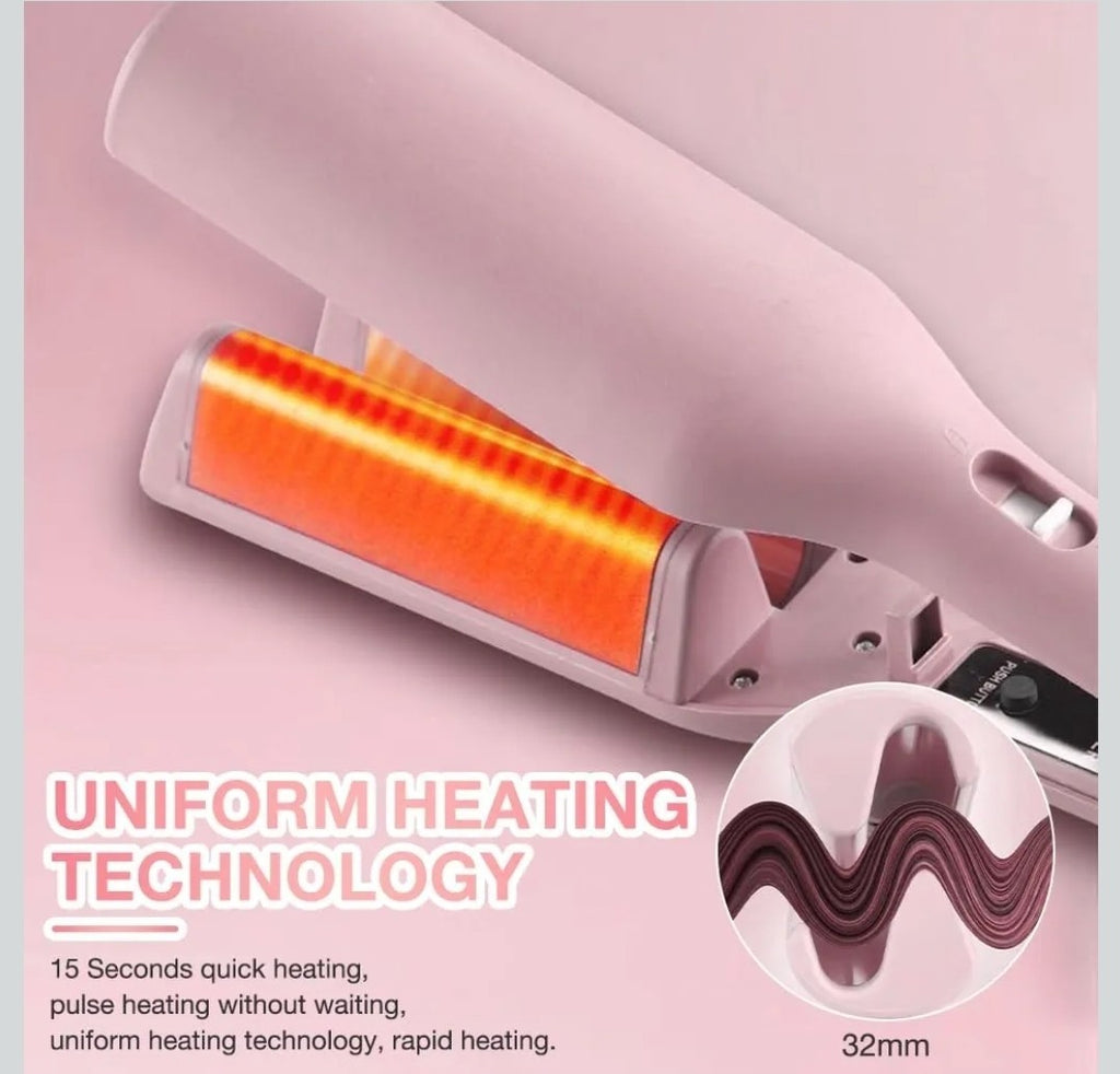 Big French Wave Hair Curler 32mm V-Shaped Waver Iron with 4 Heat Settings – Pink