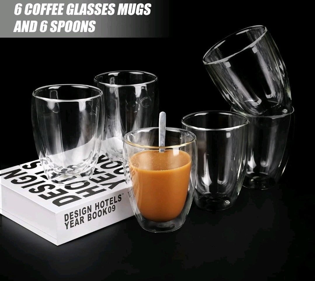 LIBWYS 6x 350ML Double Wall Glass Tea, Coffee Mugs + 6 Spoons – Heat Resistant 