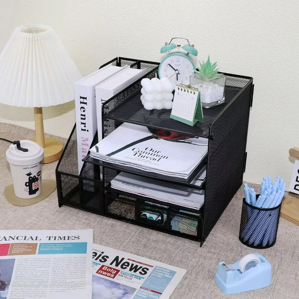 Mesh Desk Organiser Black 5-Tier Letter Tray with Drawer & Pen Holders |Vertical