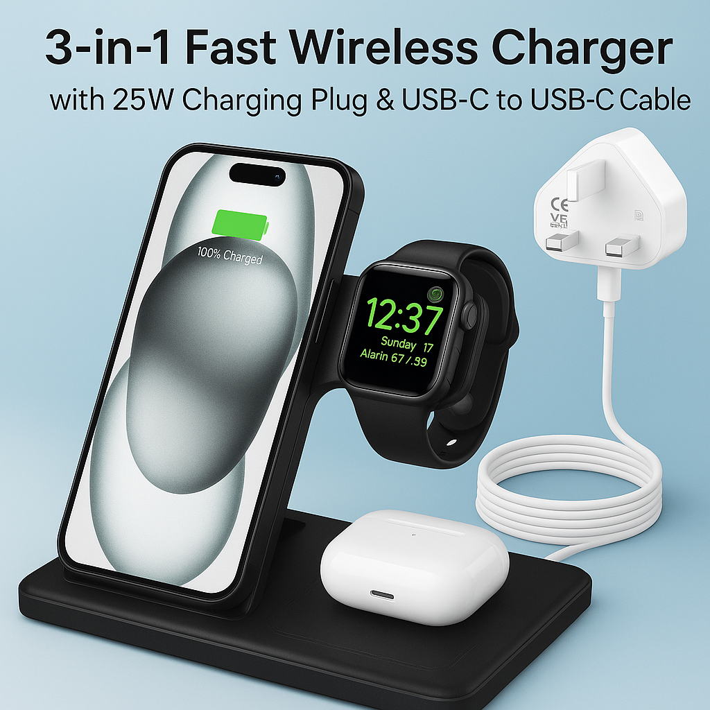 3-in-1 Fast Wireless Charger Dock with 25W Plug & USB-C Cable | For iPhone Apple