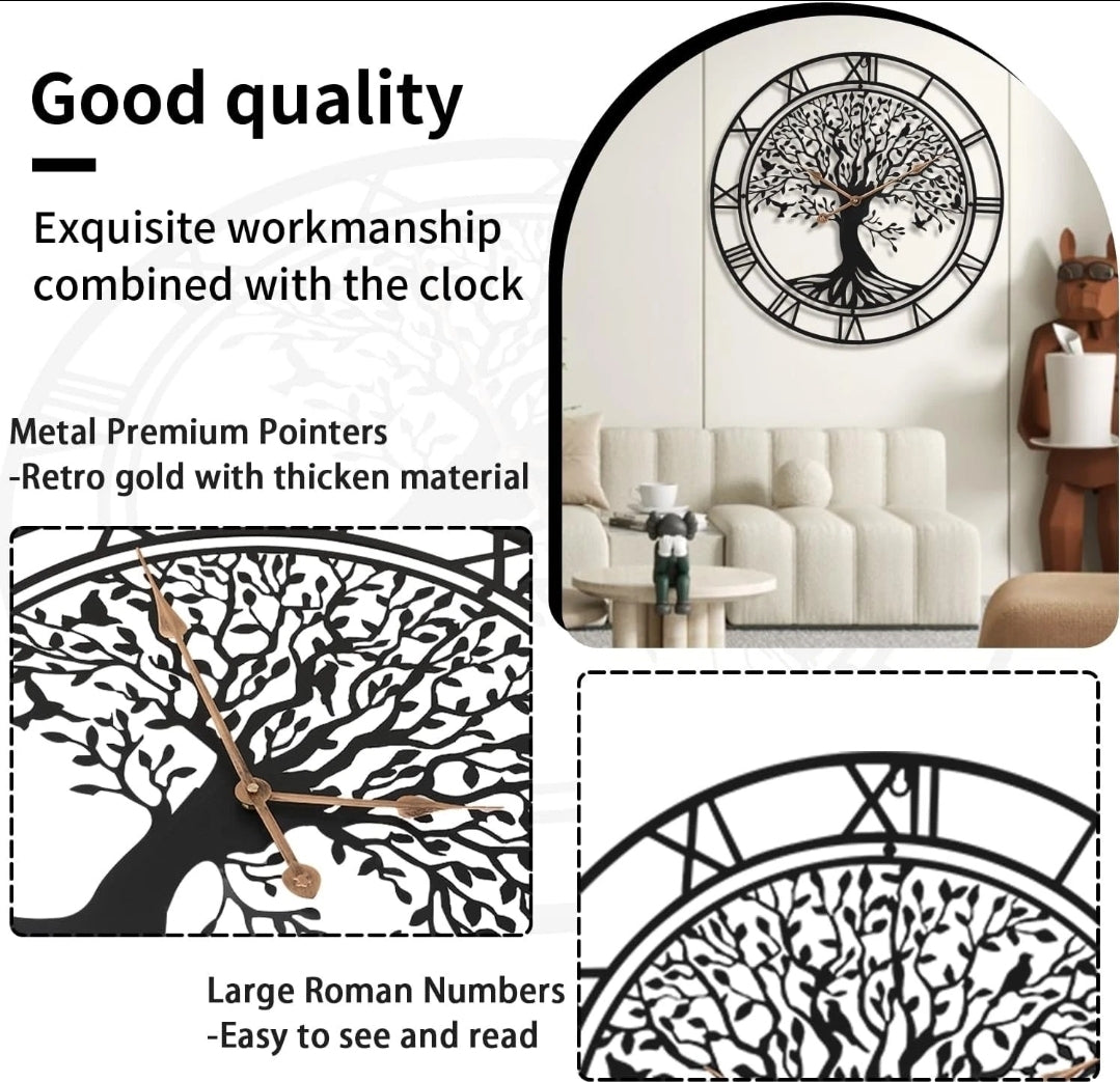 Tree of Life Wall Clock 24" – Metal Art Deco Silent Quartz Clock for Home Decor