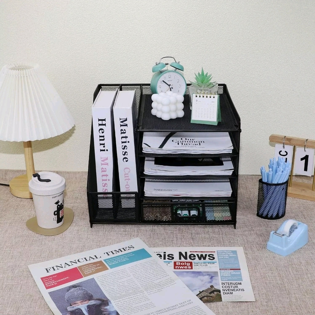 Mesh Desk Organiser Black 5-Tier Letter Tray with Drawer & Pen Holders |Vertical