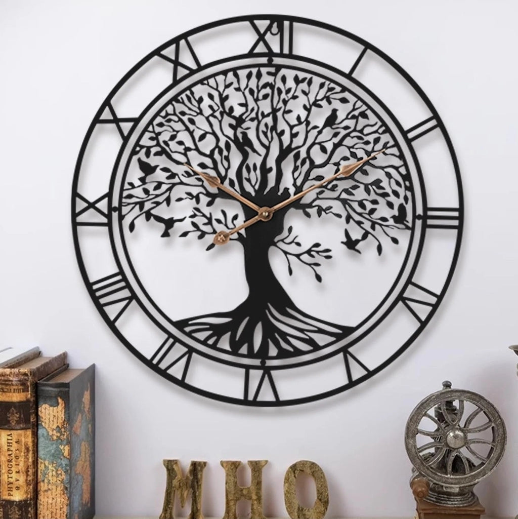 Tree of Life Wall Clock 24" – Metal Art Deco Silent Quartz Clock for Home Decor