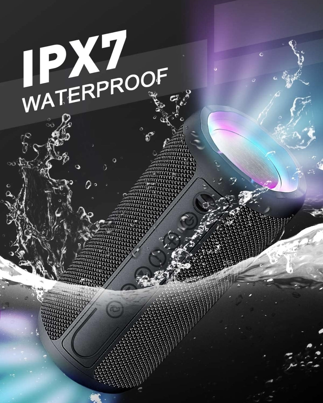 Portable Bluetooth Speaker 10W Loud Bass IPX7 Waterproof 30H Playtime LED Light