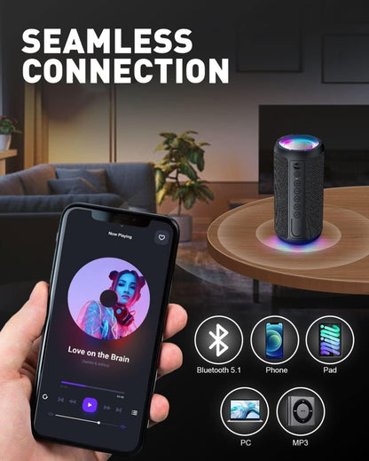 Portable Bluetooth Speaker 10W Loud Bass IPX7 Waterproof 30H Playtime LED Light