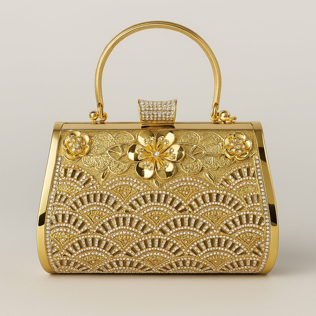 Luxury Gold Floral Crystal Clutch Bag – Evening Handbag with Handle