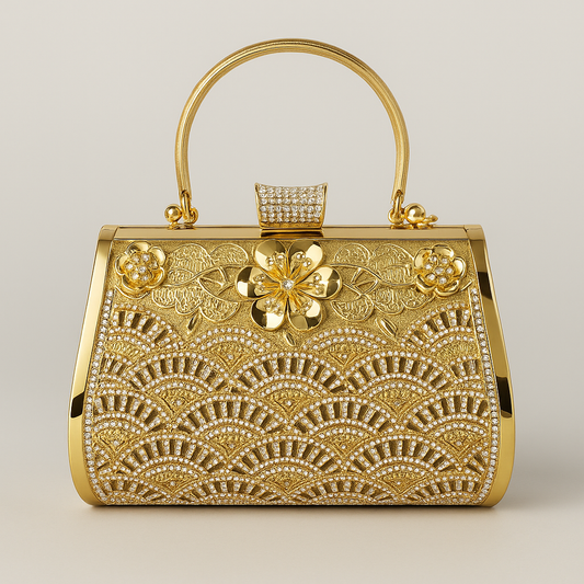 Luxury Gold Floral Crystal Clutch Bag – Evening Handbag with Handle