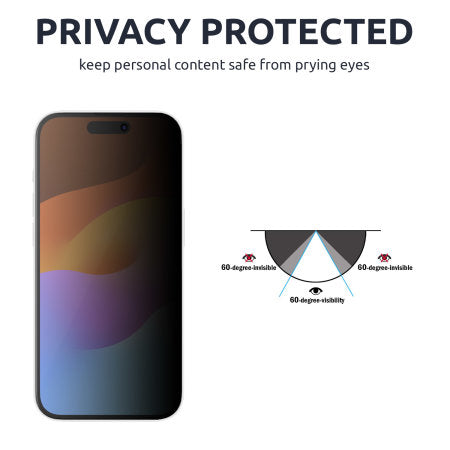 Privacy glass screen protector for Apple iPhone 16, 15, 14,