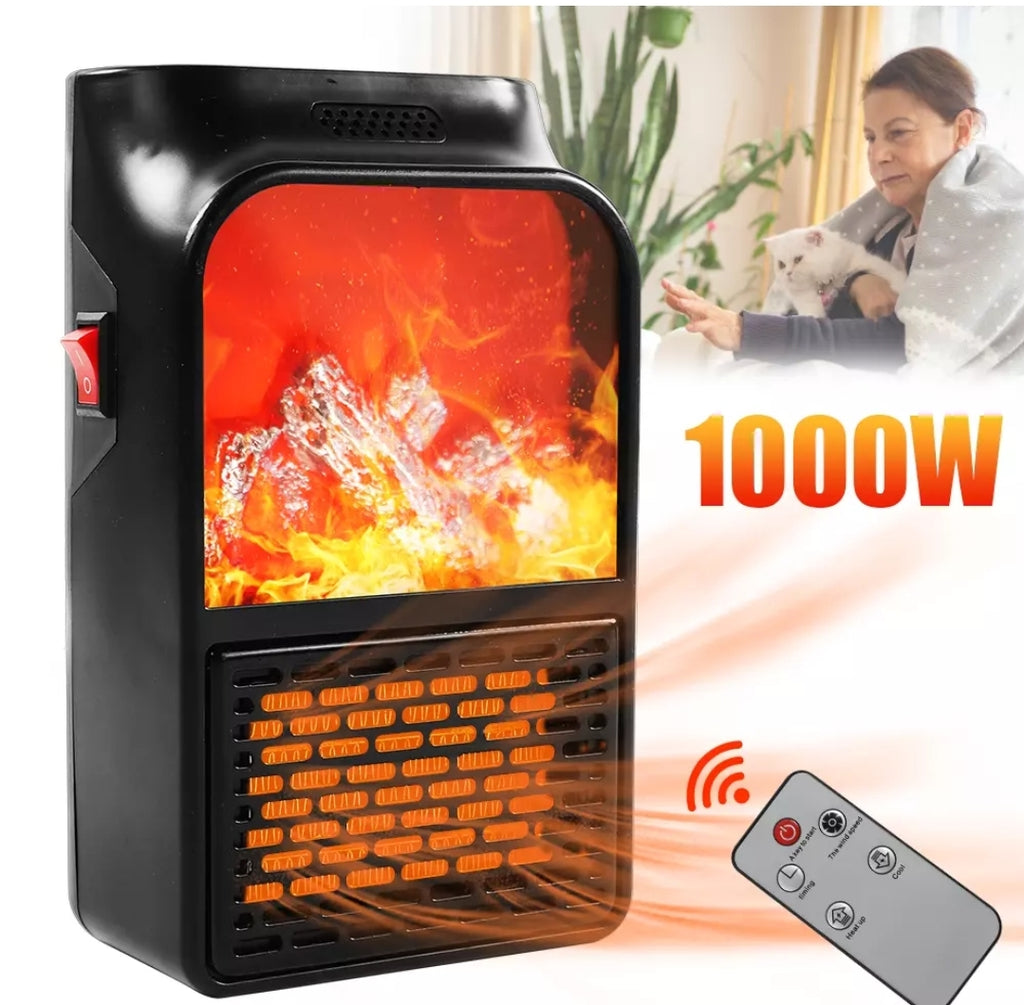 Mini Wall Heater 1000W Plug-In Fan Flame Effect LED Display Timer & Remote Control