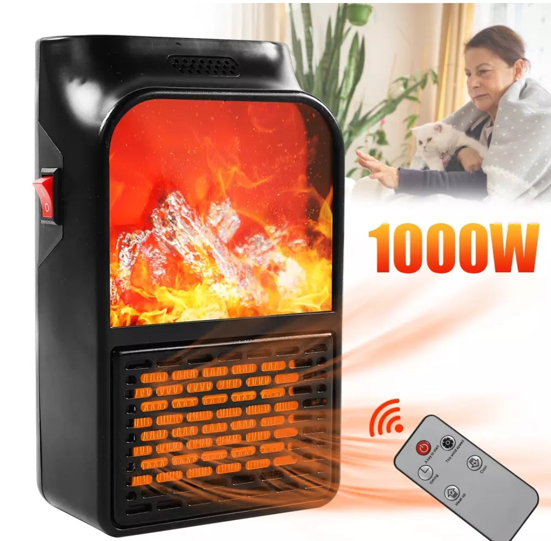 Mini Wall Heater 1000W Plug-In Fan Flame Effect LED Display Timer & Remote Control