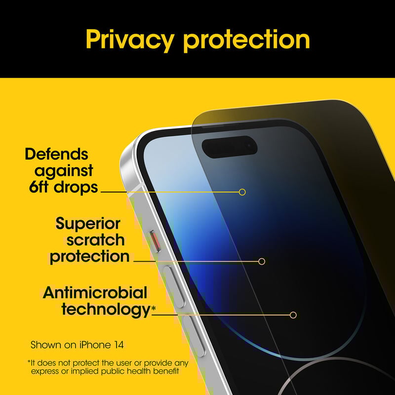 Privacy glass screen protector for Apple iPhone 16, 15, 14,