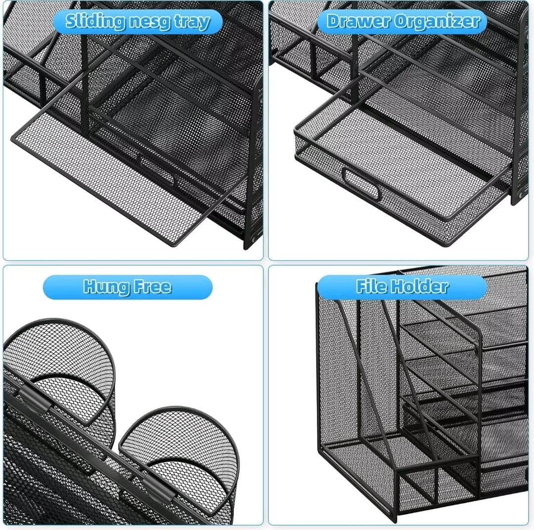 Mesh Desk Organiser Black 5-Tier Letter Tray with Drawer & Pen Holders |Vertical