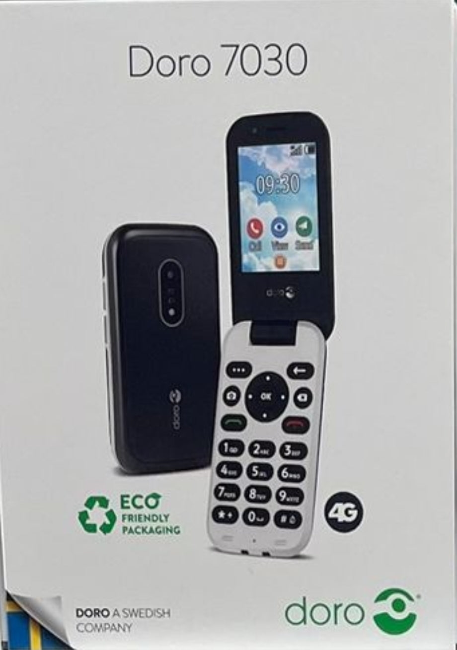 New Doro 7030 4G Dual sim, Big Keys, Loud Sound, Black & White factory unlocked.