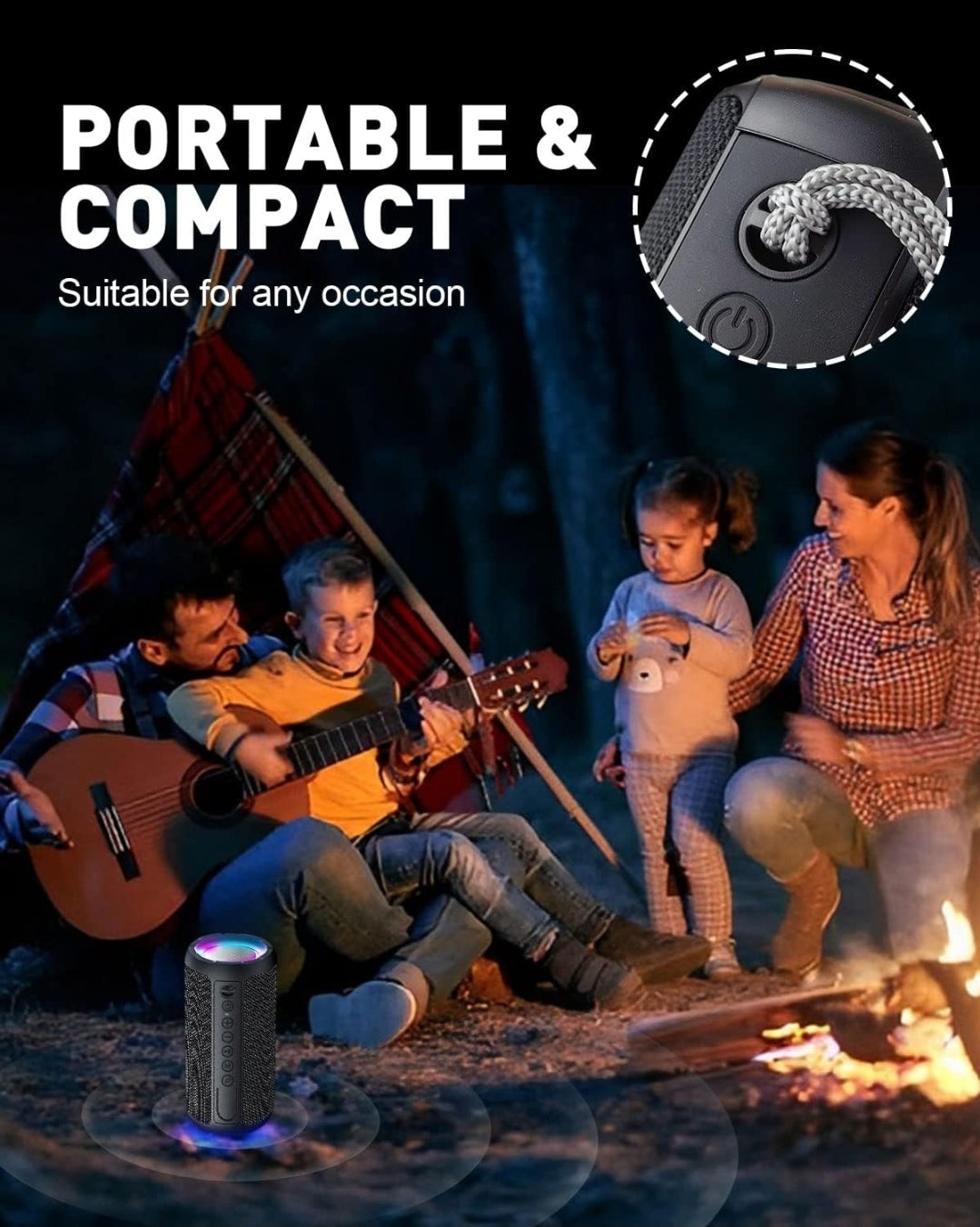 Portable Bluetooth Speaker 10W Loud Bass IPX7 Waterproof 30H Playtime LED Light