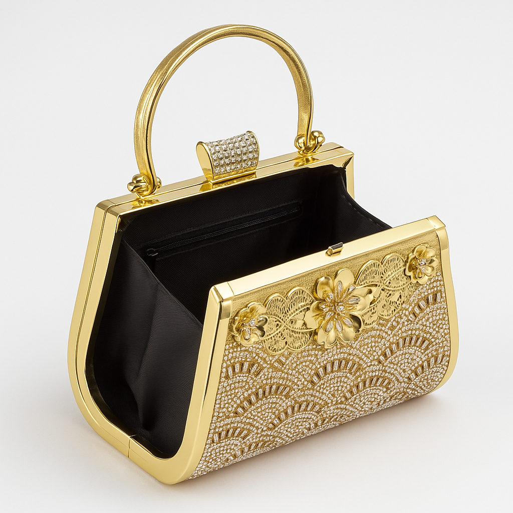 Luxury Gold Floral Crystal Clutch Bag – Evening Handbag with Handle