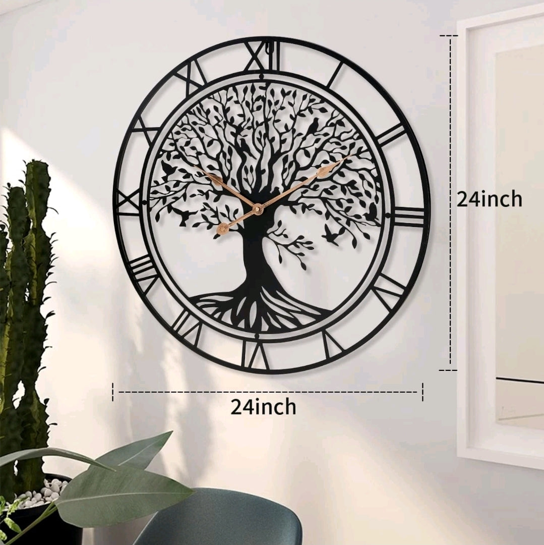 Tree of Life Wall Clock 24" – Metal Art Deco Silent Quartz Clock for Home Decor