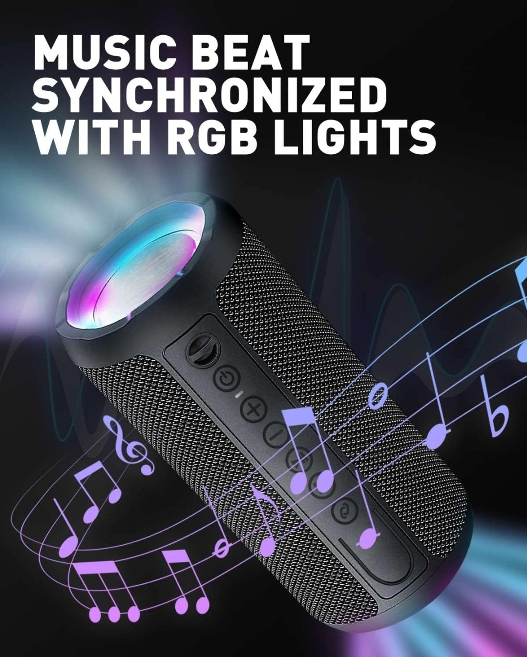 Portable Bluetooth Speaker 10W Loud Bass IPX7 Waterproof 30H Playtime LED Light