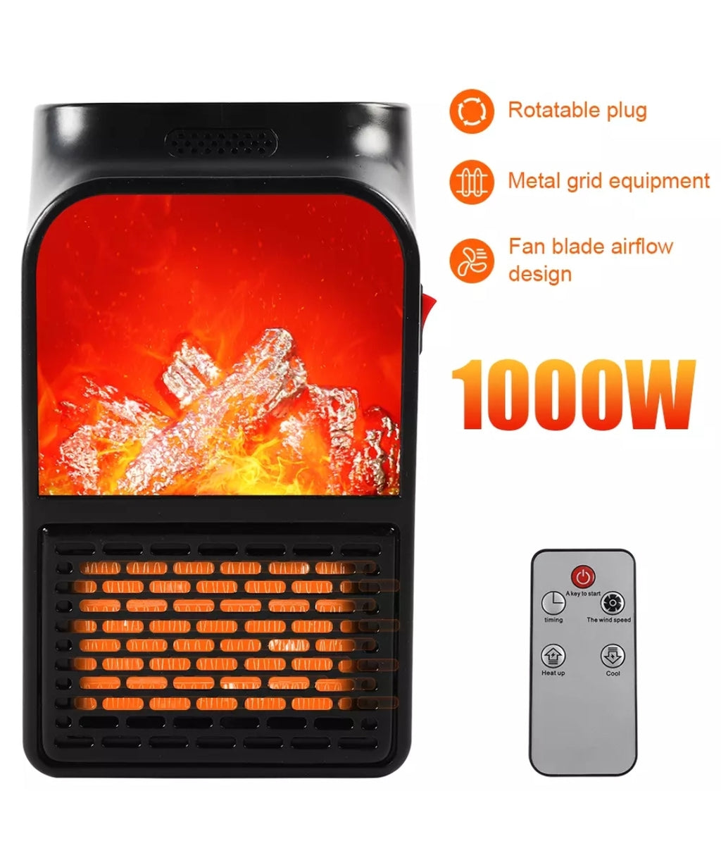 Mini Wall Heater 1000W Plug-In Fan Flame Effect LED Display Timer & Remote Control