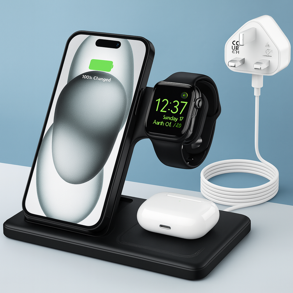 3-in-1 Fast Wireless Charger Dock with 25W Plug & USB-C Cable | For iPhone Apple