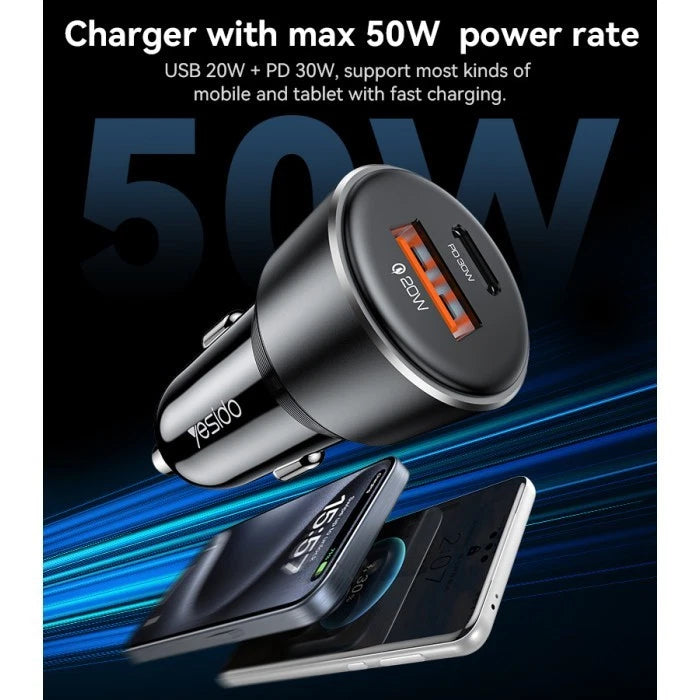 Fast Car Charger 50W Dual, USB-C PD & USB-A Fast Charge Plug for Phone & Tablet