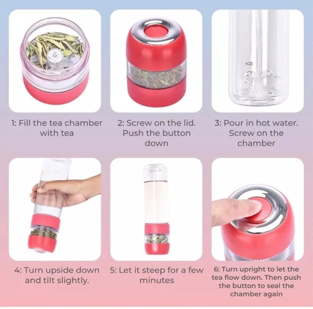 Hydrate Tea Infuser Bottle – 400ML Leak-Proof Glass Travel Mug with Tea Chamber