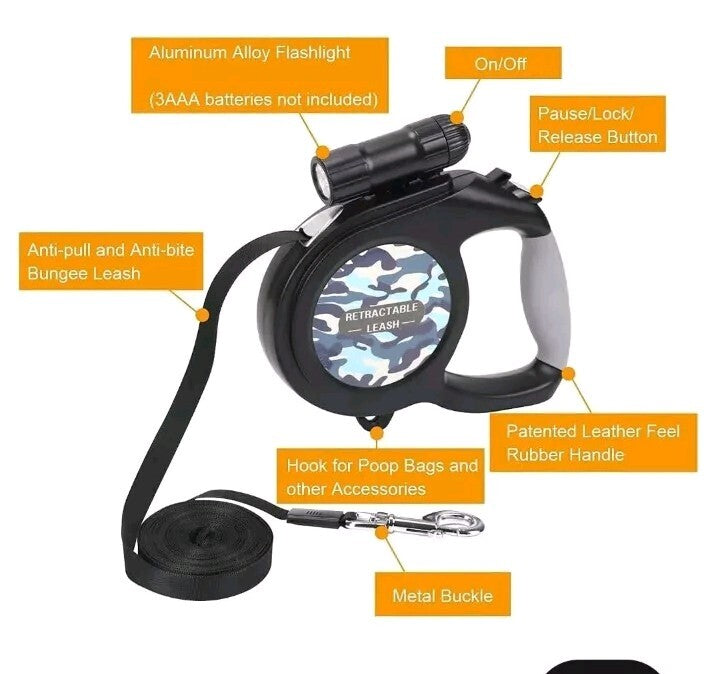 Rrctractable Dog Lead, 50KG Heavy Duty Large Dog Leash, Lockable 8M+ Led Tourch