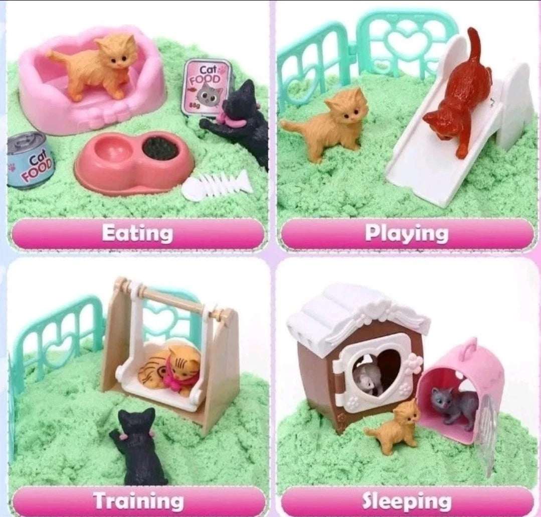 Lorfancy Play Sand Set. Play Sand Sensory Bin With Cute Pet Toys, Cats+1kg Sand