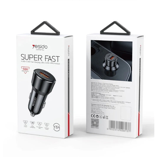 Fast Car Charger 50W Dual, USB-C PD & USB-A Fast Charge Plug for Phone & Tablet