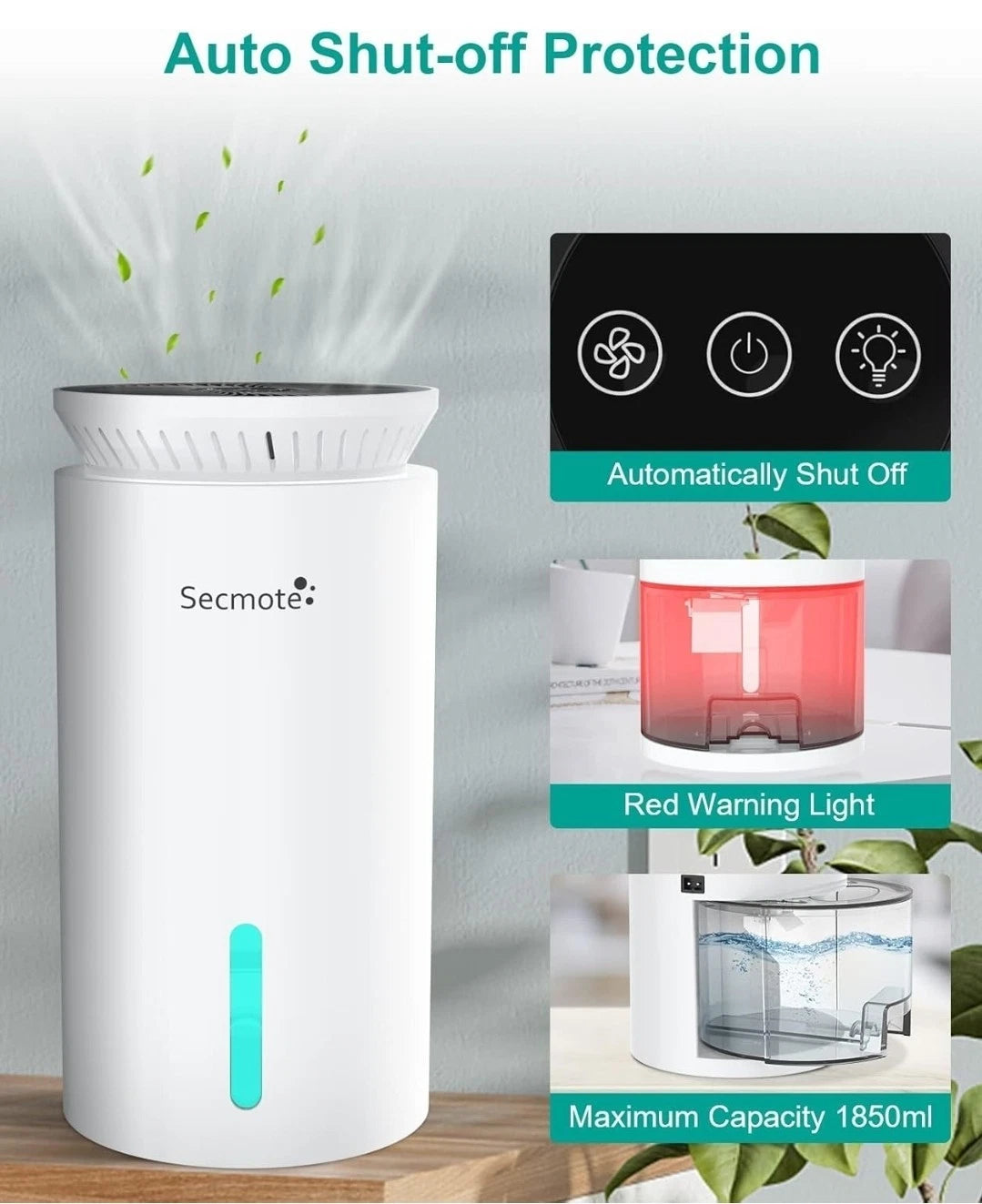 Secmote Dehumidifiers for Home, 800 Sq.ft Quiet Dehumidifier, 1850ML Portable Sm