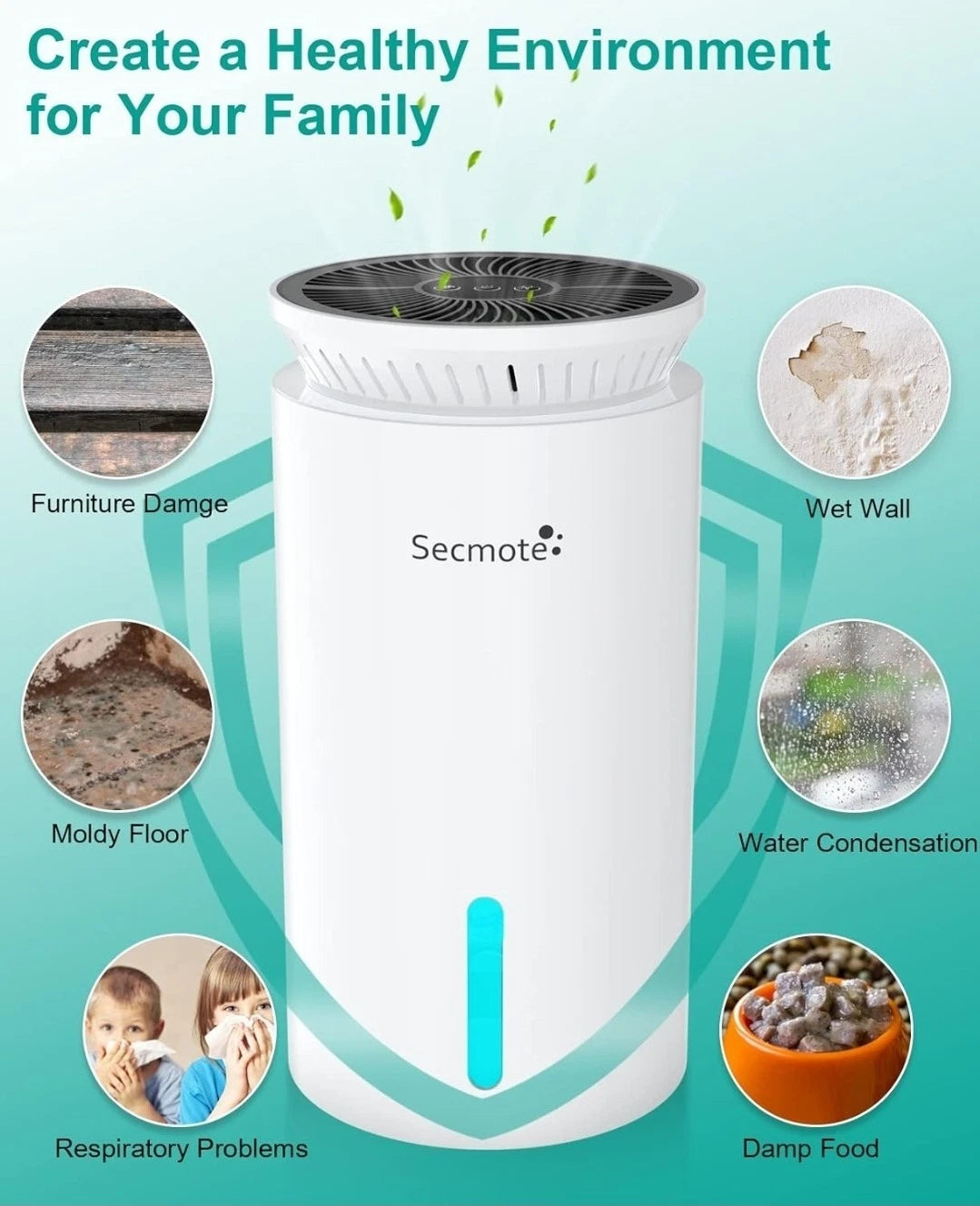 Secmote Dehumidifiers for Home, 800 Sq.ft Quiet Dehumidifier, 1850ML Portable Sm