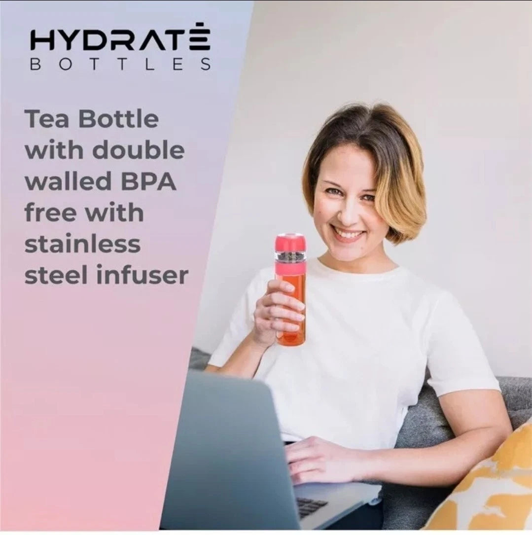 Hydrate Tea Infuser Bottle – 400ML Leak-Proof Glass Travel Mug with Tea Chamber