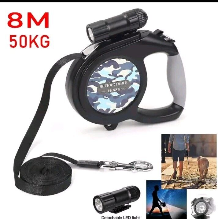 Rrctractable Dog Lead, 50KG Heavy Duty Large Dog Leash, Lockable 8M+ Led Tourch